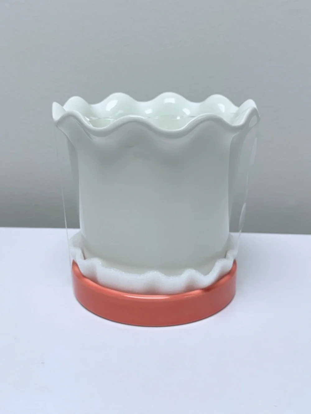 New! White Cream Scalloped Ceramic Planter with Orange Saucer, 2026